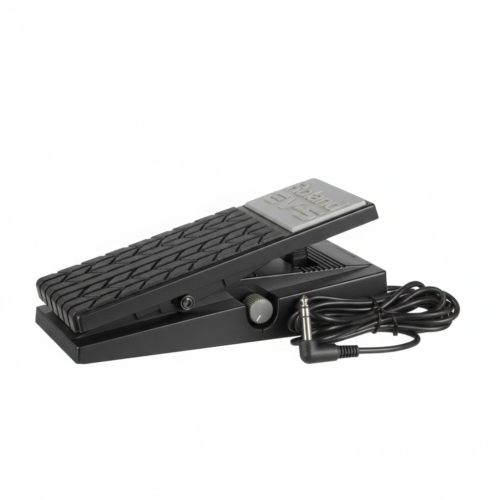 Roland EV-5 expression pedal shown from the side with treadle travel, compact body, minimum volume knob, fixed cable, and TRS connector