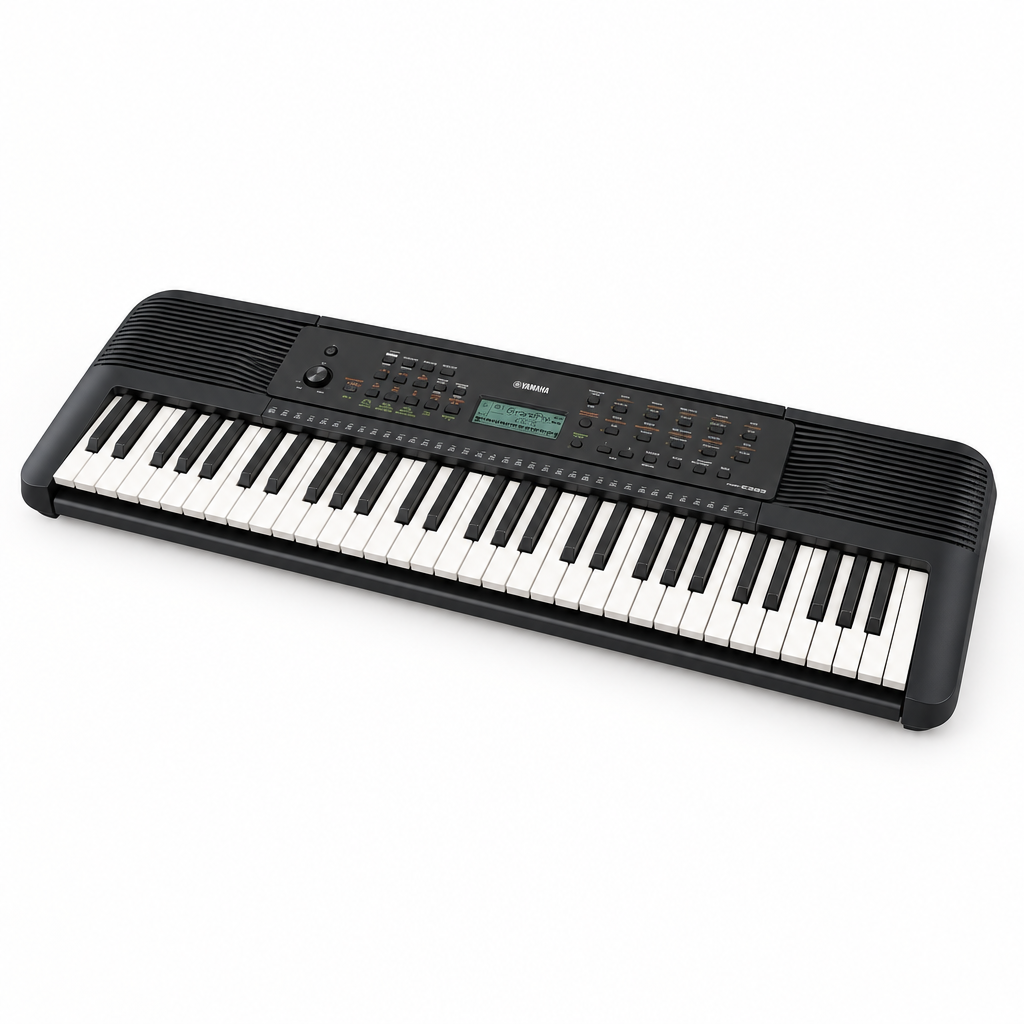 Three-quarter view of the Yamaha PSR-E283 portable keyboard showing its keybed, controls, and speaker grilles.