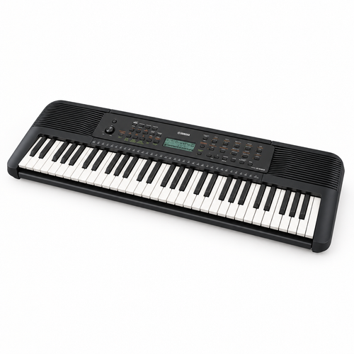 Three-quarter view of the Yamaha PSR-E283 portable keyboard showing its keybed, controls, and speaker grilles.