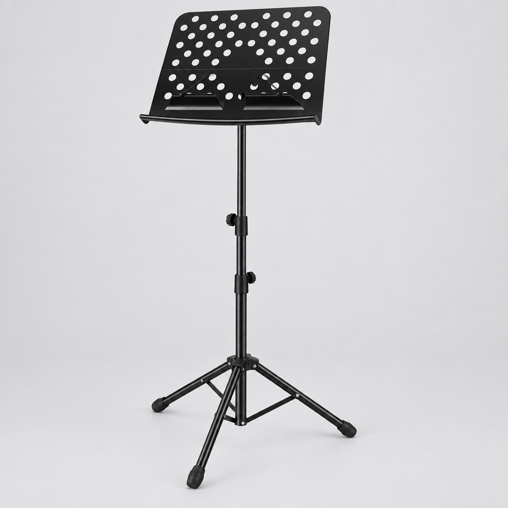 Unbranded P-08B black music stand shown from a three-quarter angle with a perforated tray, adjustable center post, and tripod base