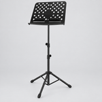 Unbranded P-08B black music stand shown from a three-quarter angle with a perforated tray, adjustable center post, and tripod base
