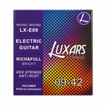 Luxars LX-E09 09-42 nickel wound electric guitar strings package, full front view with original manufacturer packaging and no external stickers or labels