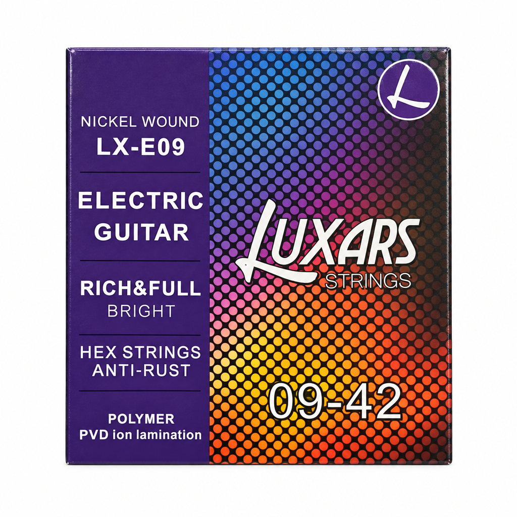 Luxars LX-E09 09-42 nickel wound electric guitar strings package, full front view with original manufacturer packaging and no external stickers or labels