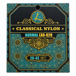 Close-up of the Luxars LX8-028 normal nylon classical guitar strings package showing the original 28-43 gauge and package specifications