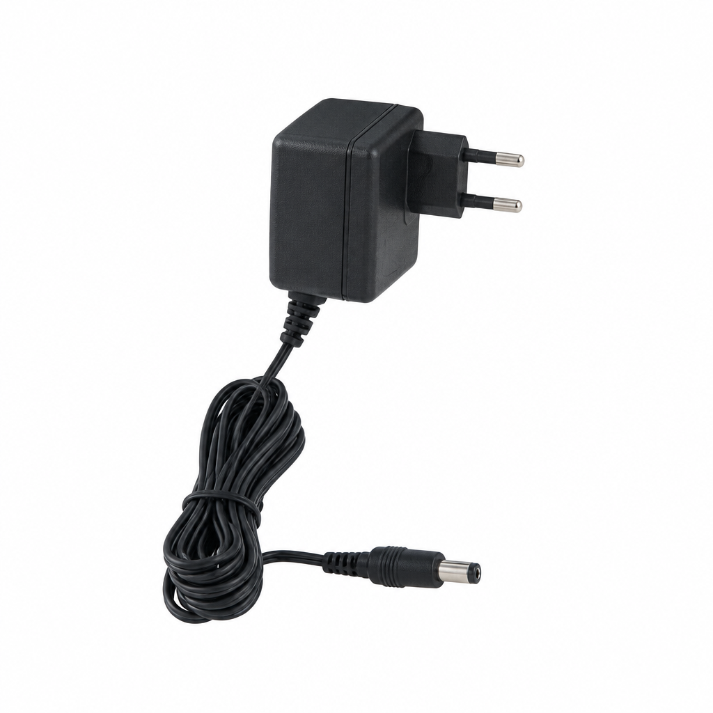 Opposite side view of the black Yamaha PA 150B adapter showing the two-pin plug and attached cable