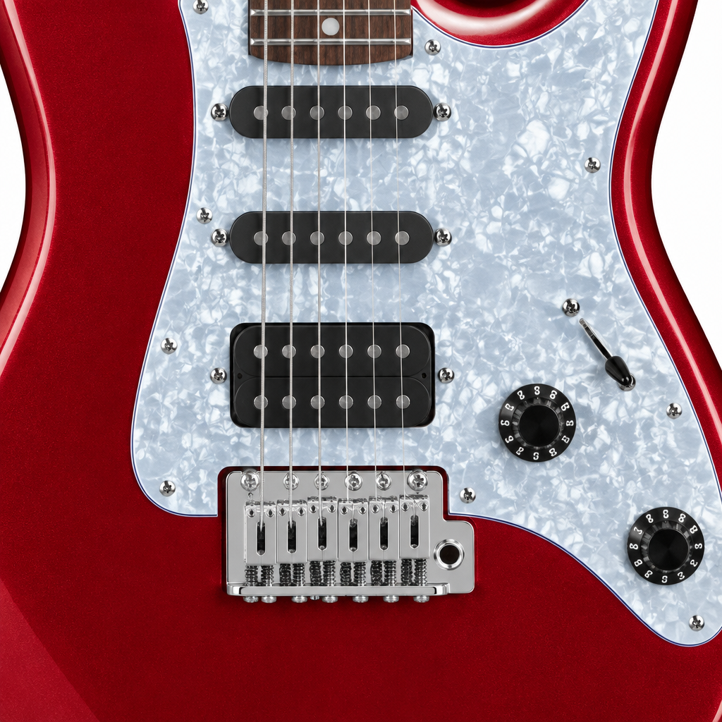 Straight-on close-up of the Unistar L-G3 metallic-red guitar's S-S-H pickups, bridge and control knobs.