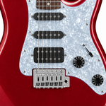 Straight-on close-up of the Unistar L-G3 metallic-red guitar's S-S-H pickups, bridge and control knobs.
