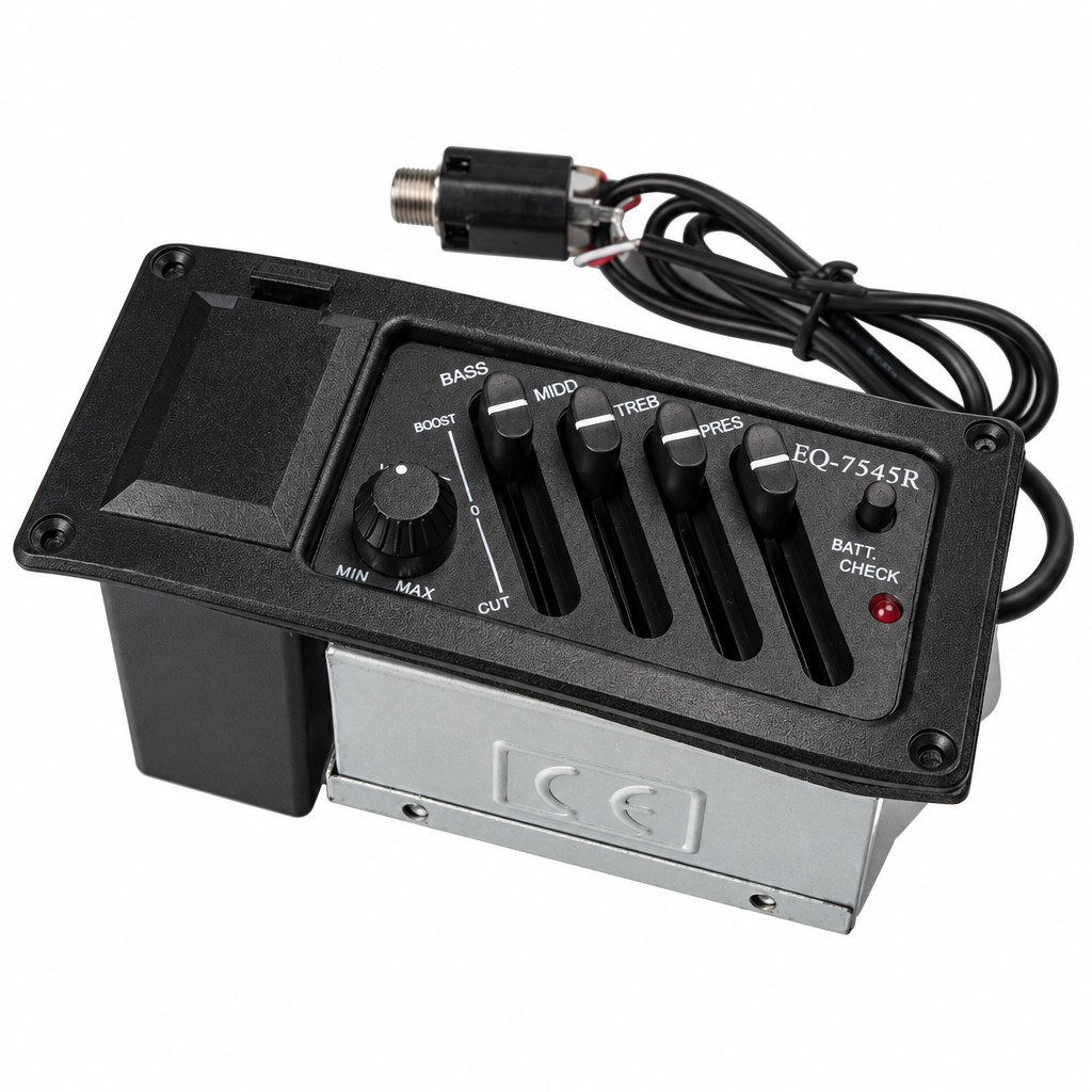 EQ-7545 pickup machine shown in a three-quarter view with its control panel, sliders, battery area, metal plate, and connected cable