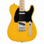 Straight close-up of the Smiger S-G17 BSB electric guitar preserving the original yellow-orange finish and original pickups, bridge, pickguard, control plate, knobs, strings, and lower neck