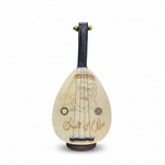 19cm oud decorative replica shown from the front with engraved face, strings, miniature neck, and display base on a white background