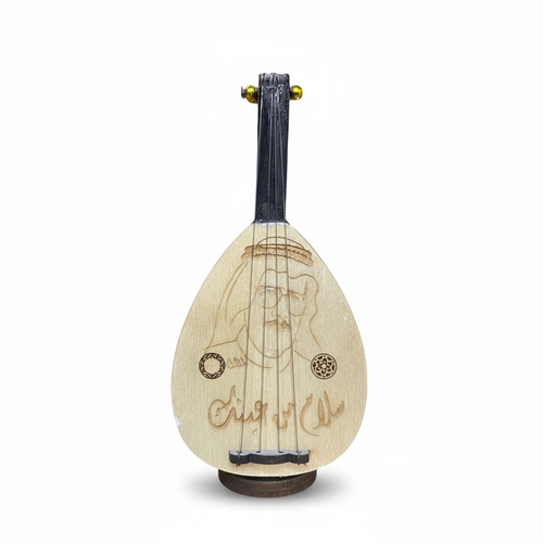 19cm oud decorative replica shown from the front with engraved face, strings, miniature neck, and display base on a white background