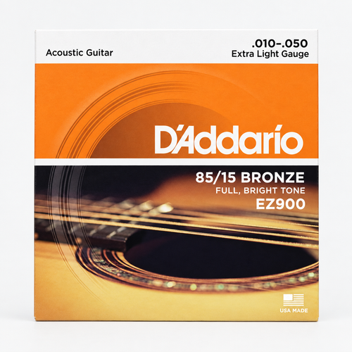 Full front view of the D'Addario EZ900 acoustic guitar strings package marked extra-light 10-50 gauge.