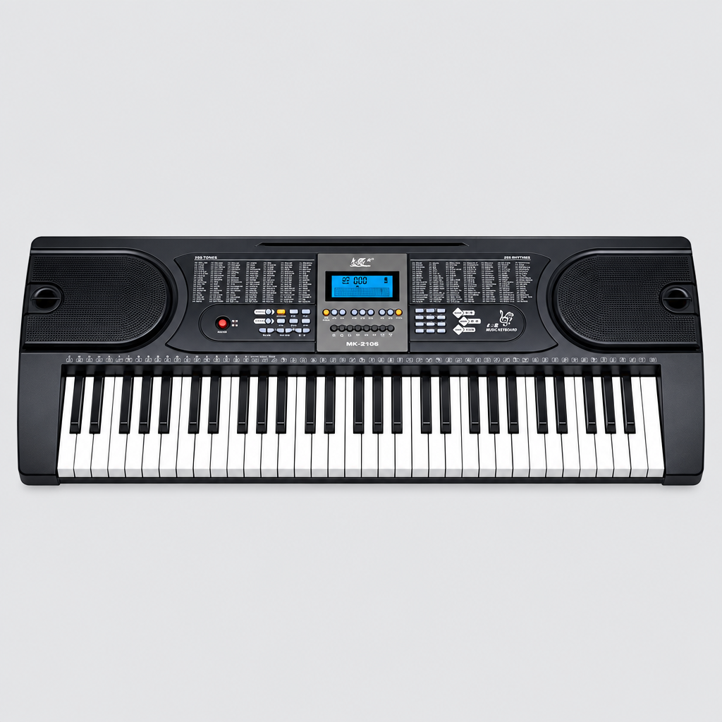 Unbranded MK2106 electronic keyboard shown from the front with its 61 keys, LCD screen, speakers, and control panel