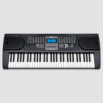 Unbranded MK2106 electronic keyboard shown from the front with its 61 keys, LCD screen, speakers, and control panel