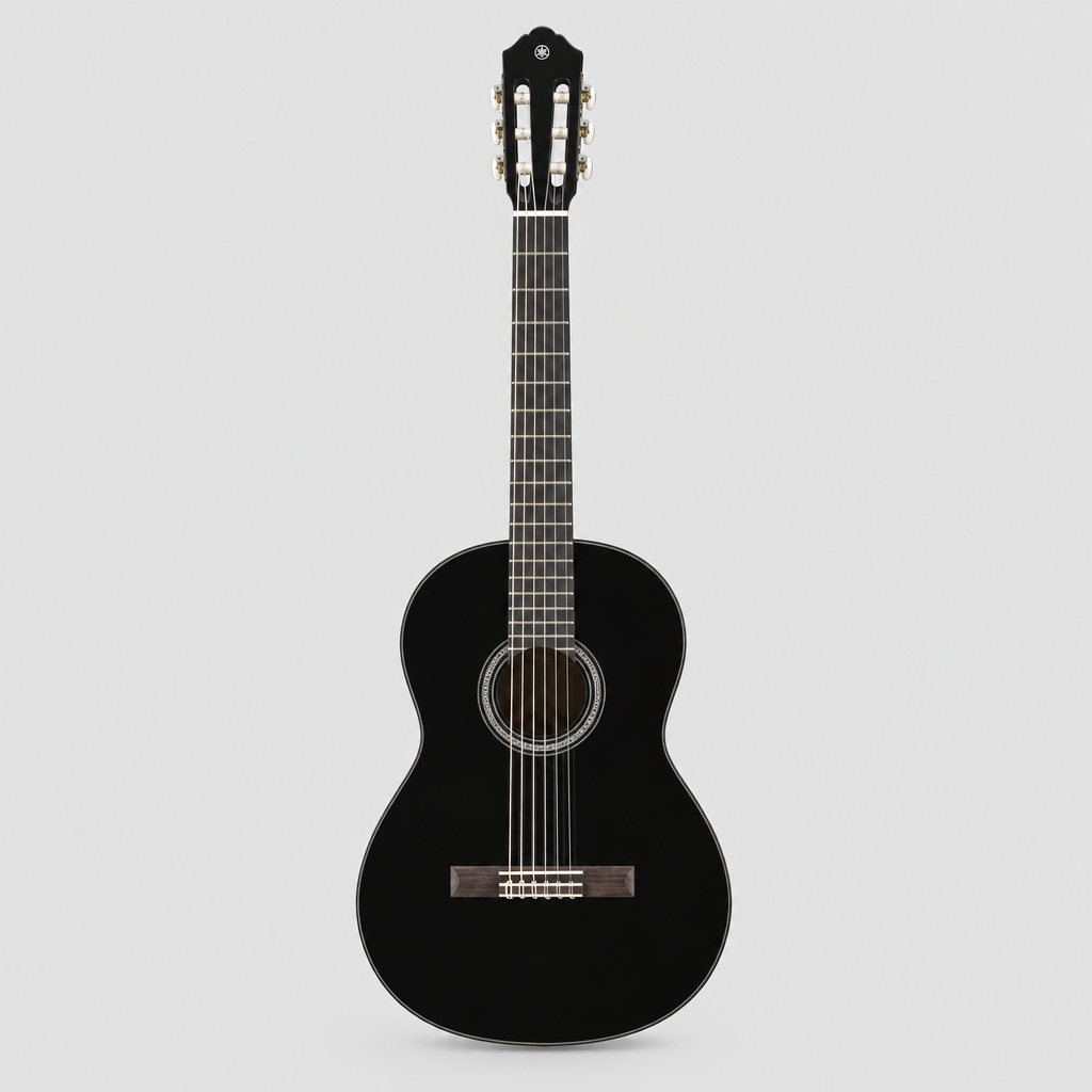 Straight-on full front view of the Yamaha C40 black classical guitar with Yamaha CG body shape.