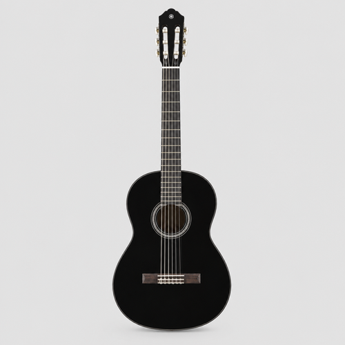 Straight-on full front view of the Yamaha C40 black classical guitar with Yamaha CG body shape.