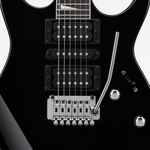 Close-up of the Ibanez GRG170DX's H-S-H pickups, strings, controls and tremolo bridge.