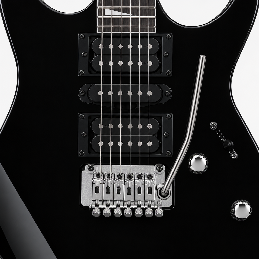 Close-up of the Ibanez GRG170DX's H-S-H pickups, strings, controls and tremolo bridge.