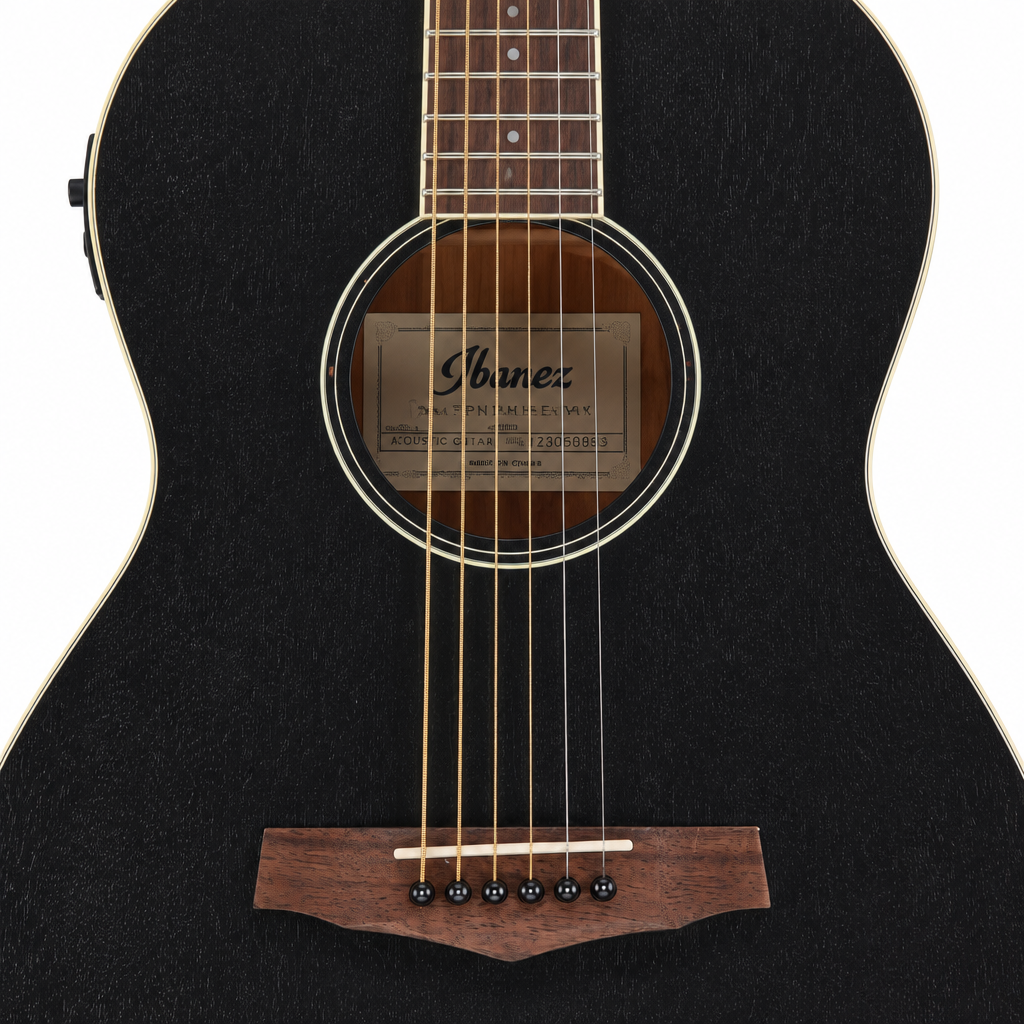 Close-up of the Ibanez PN14MHE-WK soundhole, bridge, and strings