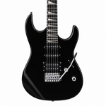 Straight close-up of the Smiger L-G4-BK black electric guitar preserving its original pickups, tremolo bridge, strings, control, finish, and visible hardware