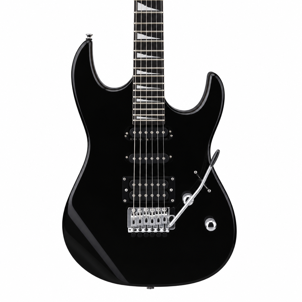 Straight close-up of the Smiger L-G4-BK black electric guitar preserving its original pickups, tremolo bridge, strings, control, finish, and visible hardware