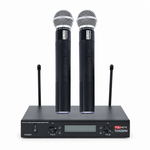 Tovaste TUH20HH dual handheld UHF wireless microphone system with two microphones and receiver, front view