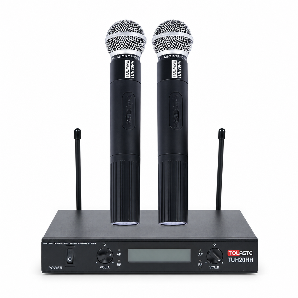 Tovaste TUH20HH dual handheld UHF wireless microphone system with two microphones and receiver, front view