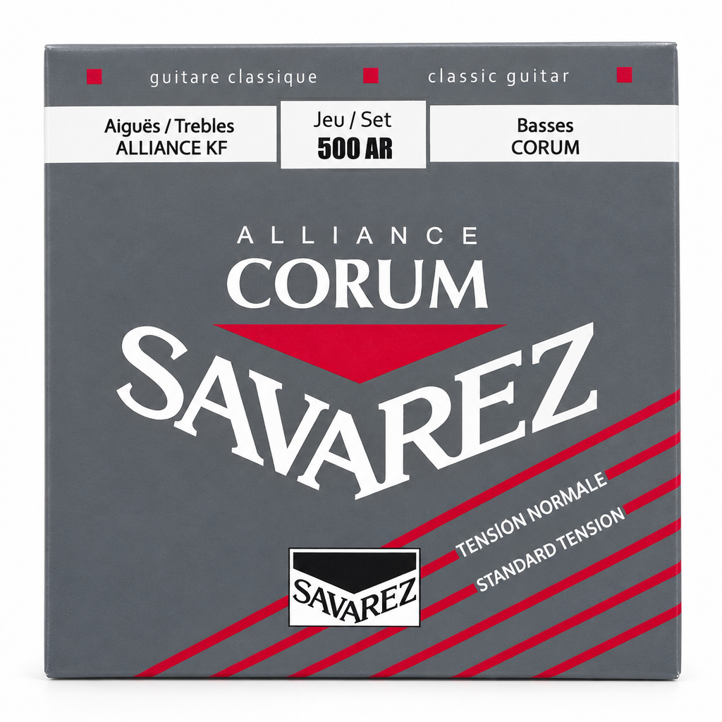 Close-up of the Savarez Alliance Corum 500AR classical guitar strings package