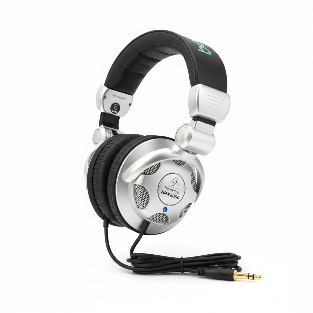 Behringer HPX2000 closed-back DJ headphones shown from the side with adjustable headband, swivel hinge, earcup, and cable visible