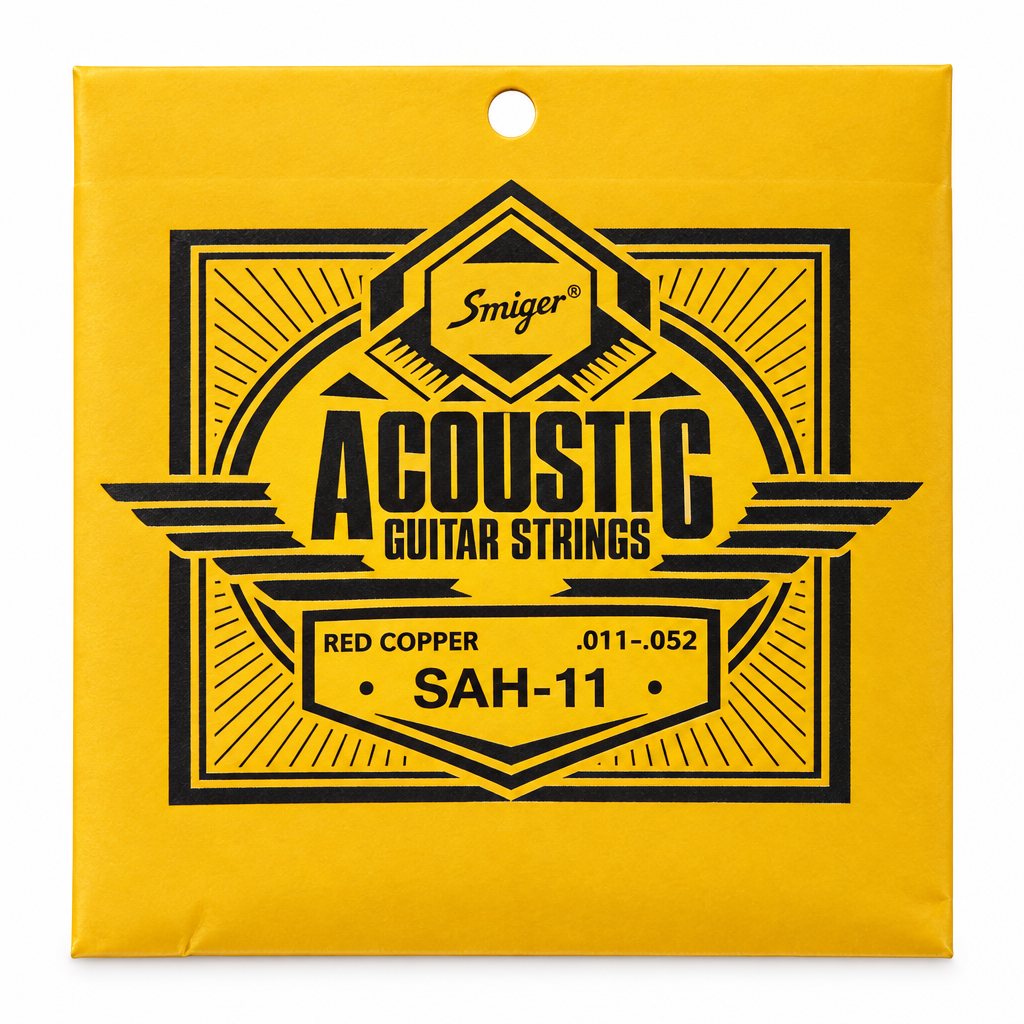 Close-up of the Smiger SAH-11 red copper acoustic guitar strings package showing the original .011-.052 gauge and package specifications