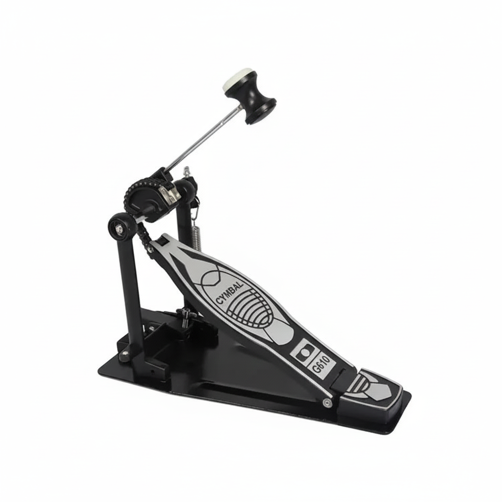 One Cymbal G610 black single drum pedal shown in close detail with its pedal board, beater, spring, frame, and Cymbal G610 branding