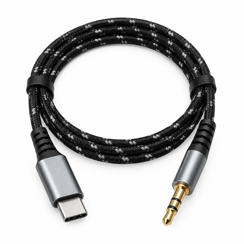 Type-C audio car cable, close-up detail of the cable ends and connector housings
