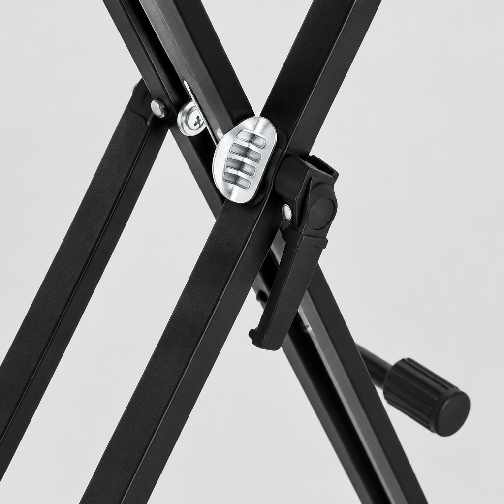Close detail of the unbranded QA210 black double-X keyboard stand locking mechanism, adjustment lever, frame joints, and rubber support