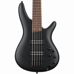 Natural close-up of the Ibanez SR305EB-WK Weathered Black five-string bass showing the dual-coil pickups, bridge, controls, strings, and fretboard