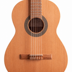 Close-up of the Laqant by Alhambra College 2 soundhole, bridge, and strings