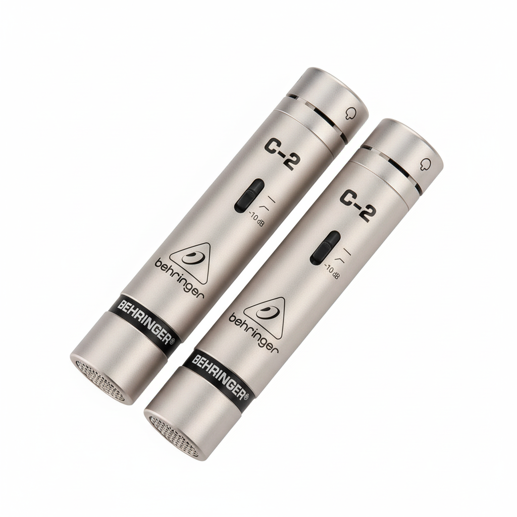 Two Behringer C-2 silver matched condenser microphones shown in a diagonal three-quarter view with cylindrical bodies, grilles, C-2 markings, and Behringer logos