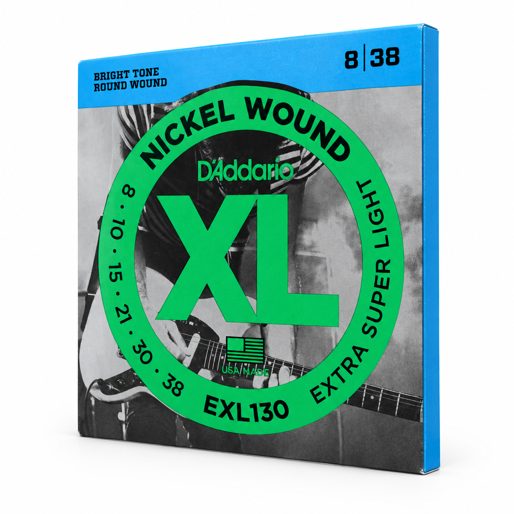 Three-quarter 45-degree view of the D'Addario EXL130 8-38 string package, showing its front and side edge.