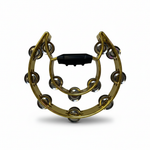 Gold tambourine cymbal hat shown from the front with curved gold frame, metal jingles, and black grip on a white background
