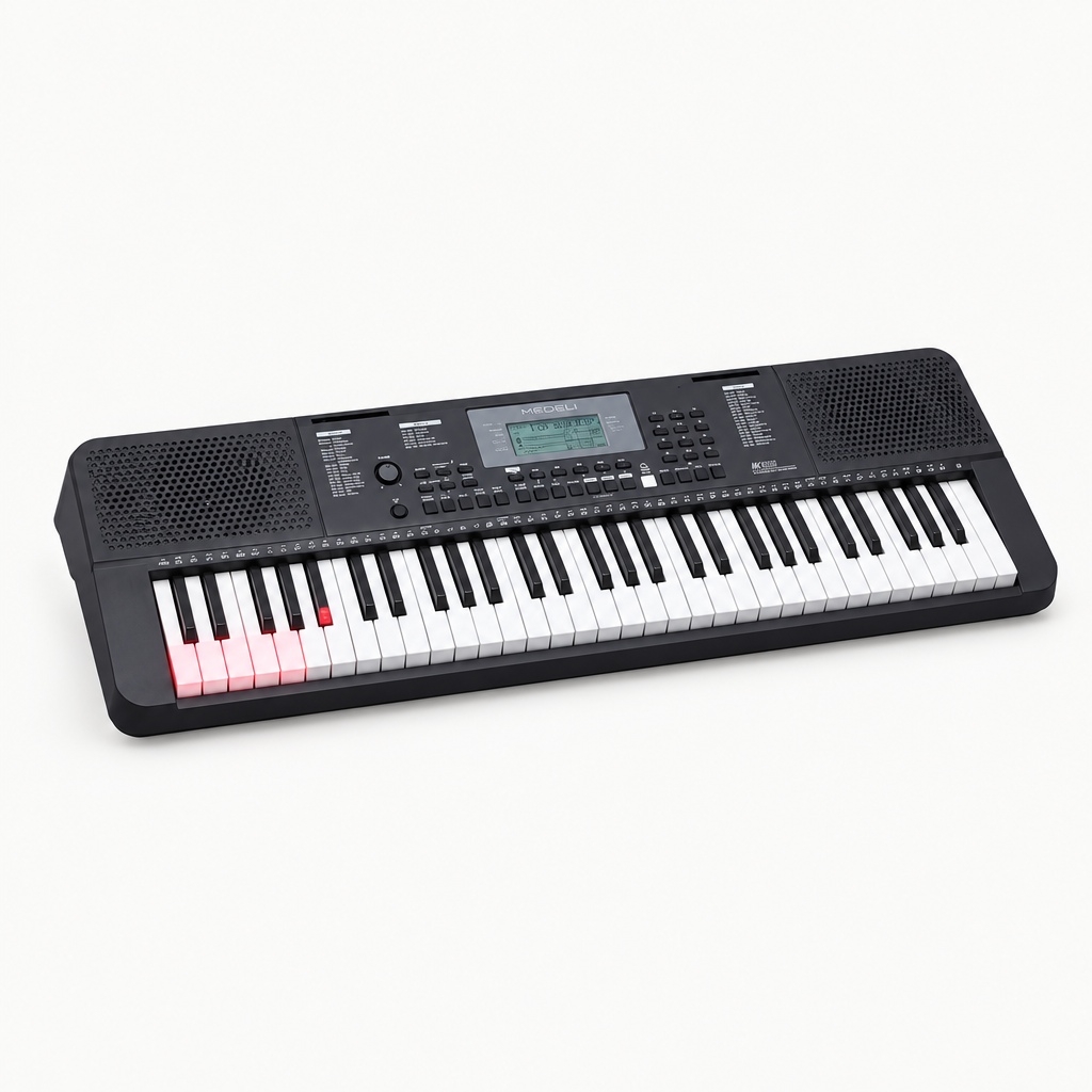 Three-quarter front view of the black Medeli IK100 61-key keyboard.
