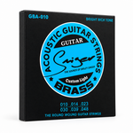 Three-quarter angled view of the clean Smiger GBA-010 brass acoustic guitar strings package showing its side thickness and original front artwork without external stickers