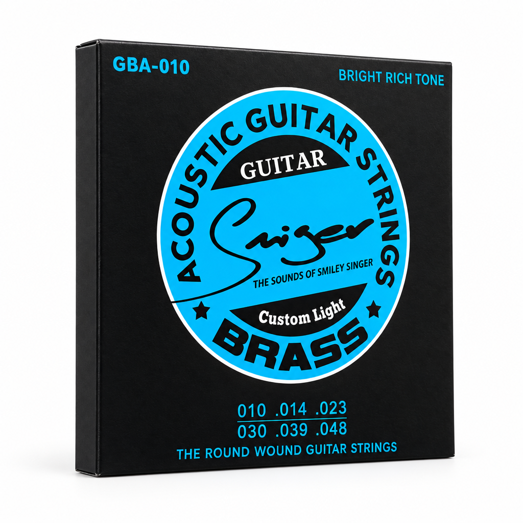 Three-quarter angled view of the clean Smiger GBA-010 brass acoustic guitar strings package showing its side thickness and original front artwork without external stickers