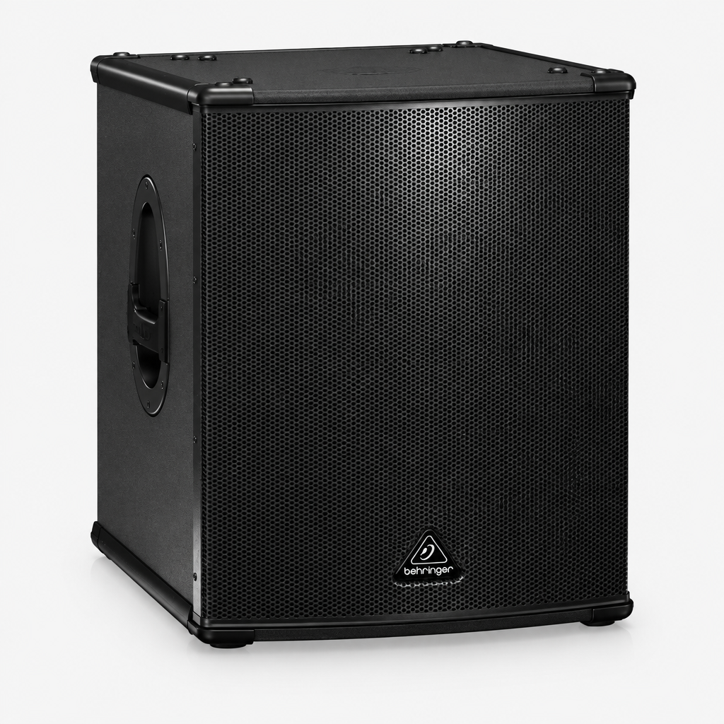Three-quarter view of the Behringer Eurolive B1500XP active subwoofer showing its cabinet and side handle.