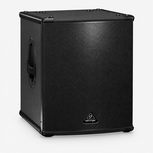 Three-quarter view of the Behringer Eurolive B1500XP active subwoofer showing its cabinet and side handle.