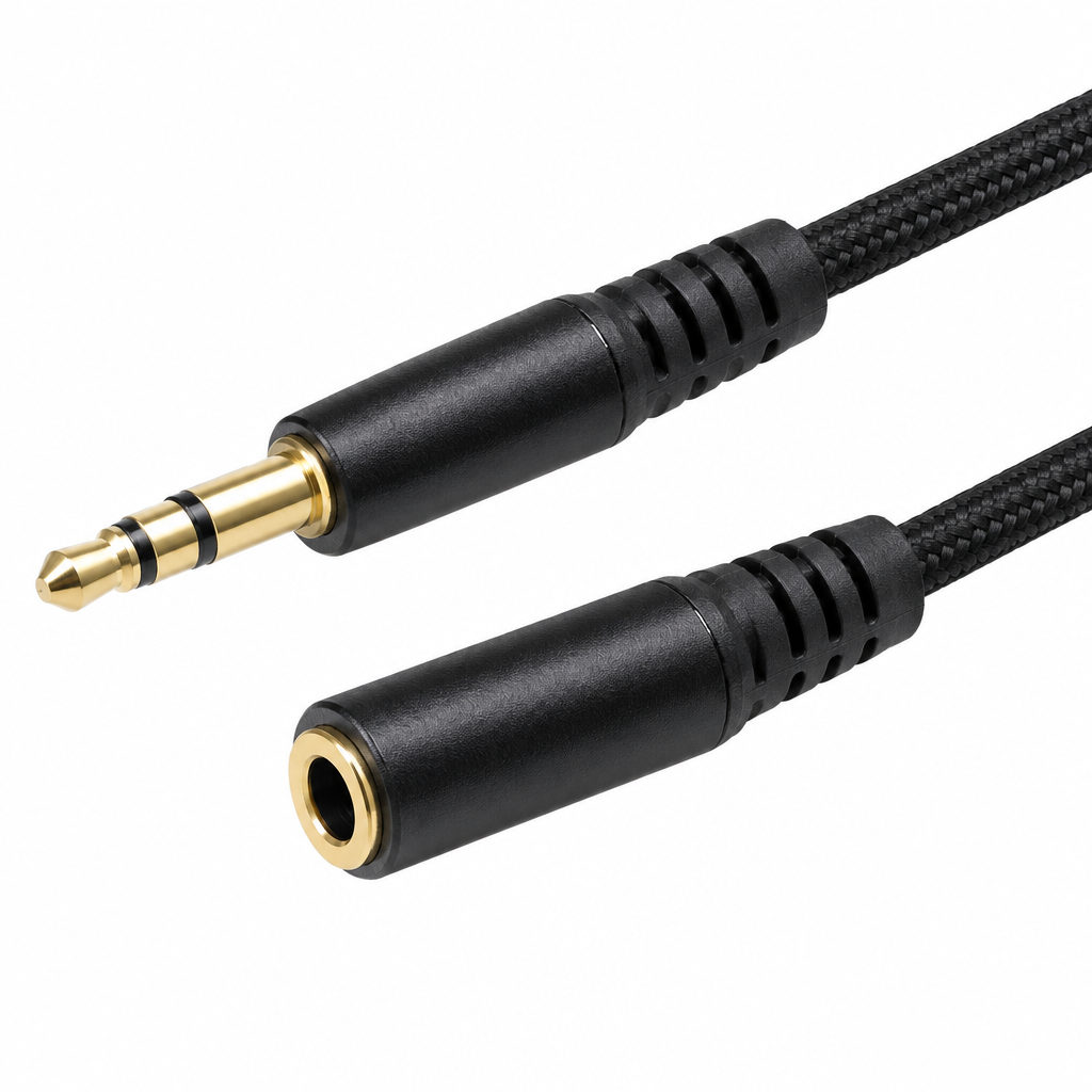 Close-up of the YCYPX HEI 0.5 m AUX cable 3.5 mm male and female connectors with black strain reliefs