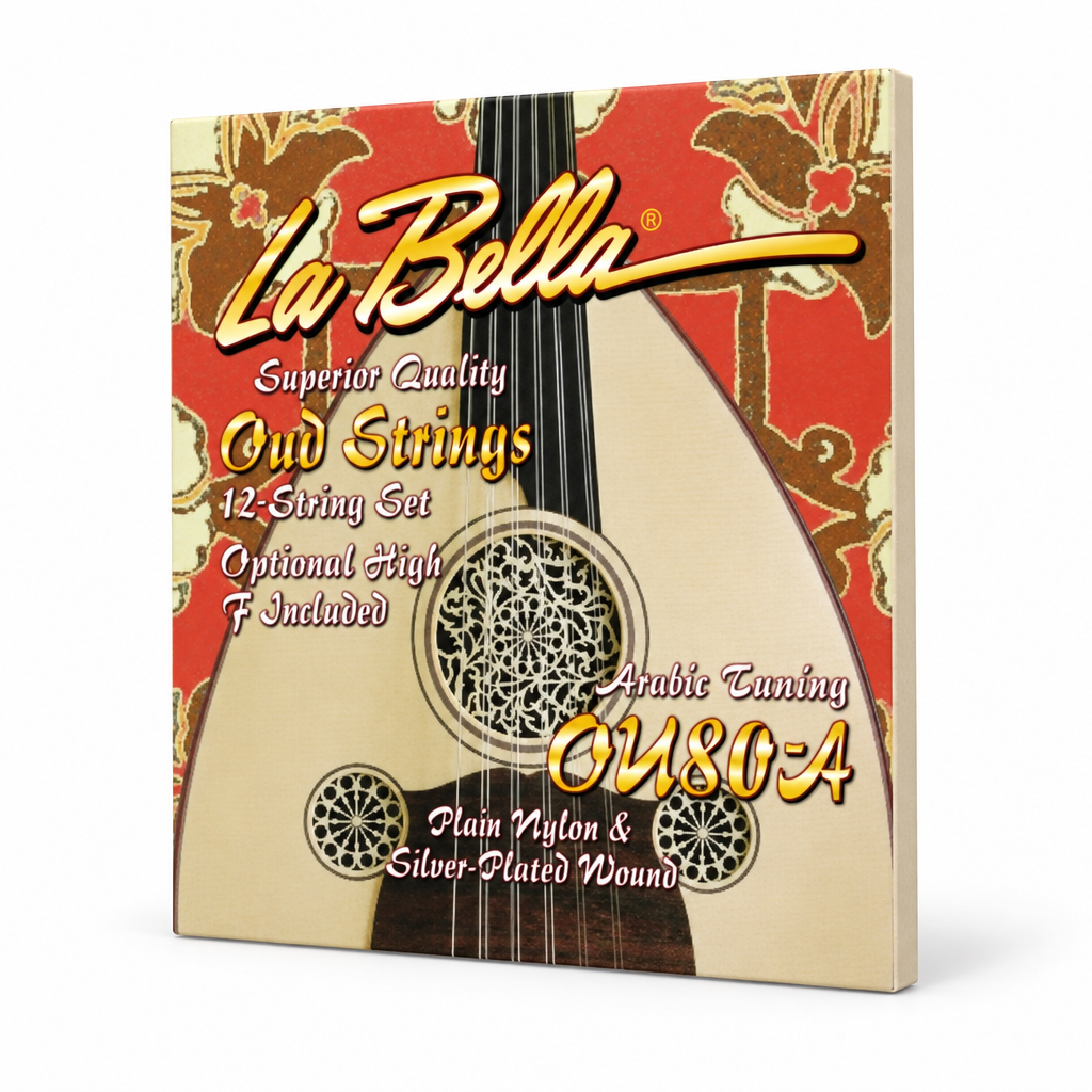 عبوة أوتار العود La Bella OU80-A بزاوية خفيفة تُظهر الواجهة والحافة