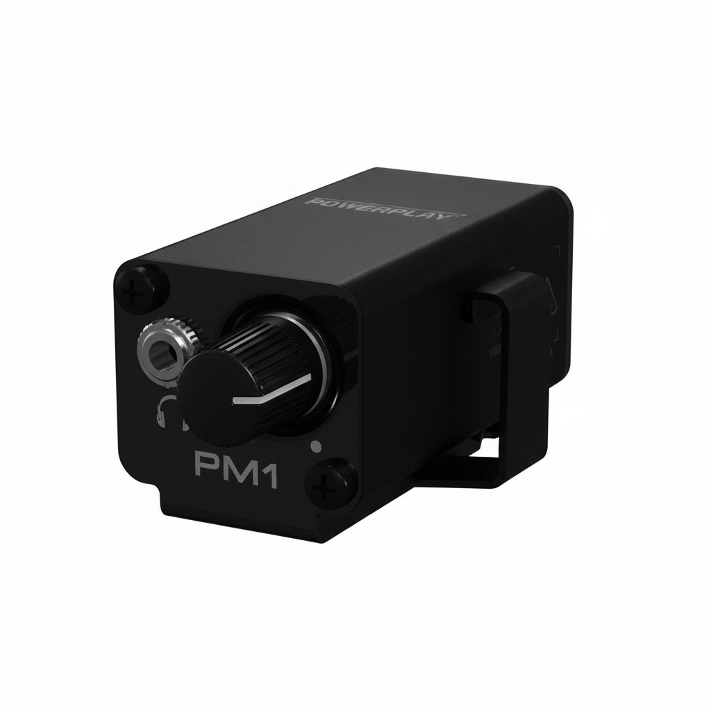 One Behringer Powerplay PM1 black personal in-ear monitor belt pack shown in a three-quarter diagonal view with its controls, connectors, belt clip, and branding