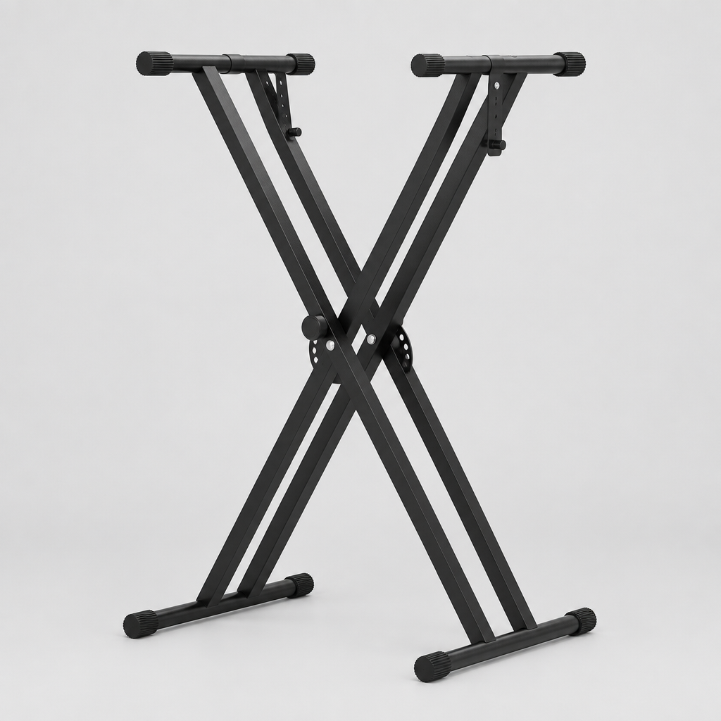 Unbranded Q-2XB-1 black double-X keyboard stand shown from the front with adjustable support arms and rubber feet