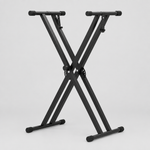 Unbranded Q-2XB-1 black double-X keyboard stand shown from the front with adjustable support arms and rubber feet