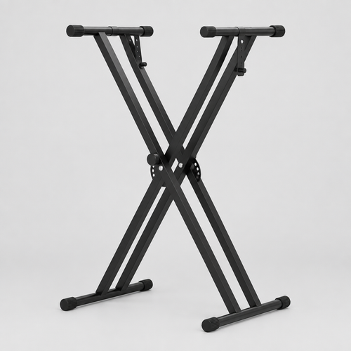 Unbranded Q-2XB-1 black double-X keyboard stand shown from the front with adjustable support arms and rubber feet