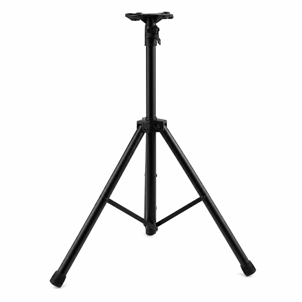 Unbranded Y-502 speaker stand shown in a three-quarter view with its tripod base, center pole, top mounting plate, and support braces